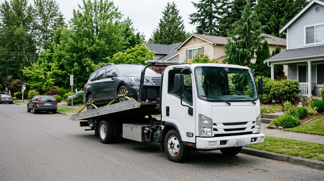 Hydraulic rollback flatbed tow truck securely loading SUV in Puyallup WA